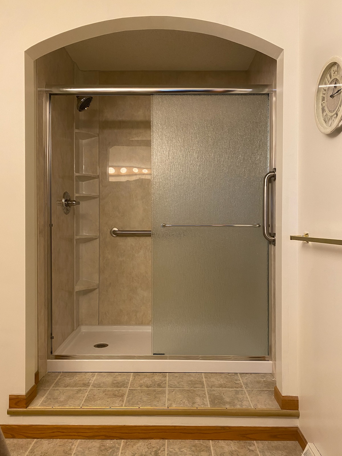  Shower Pan & Travertine Walls Shower Doors