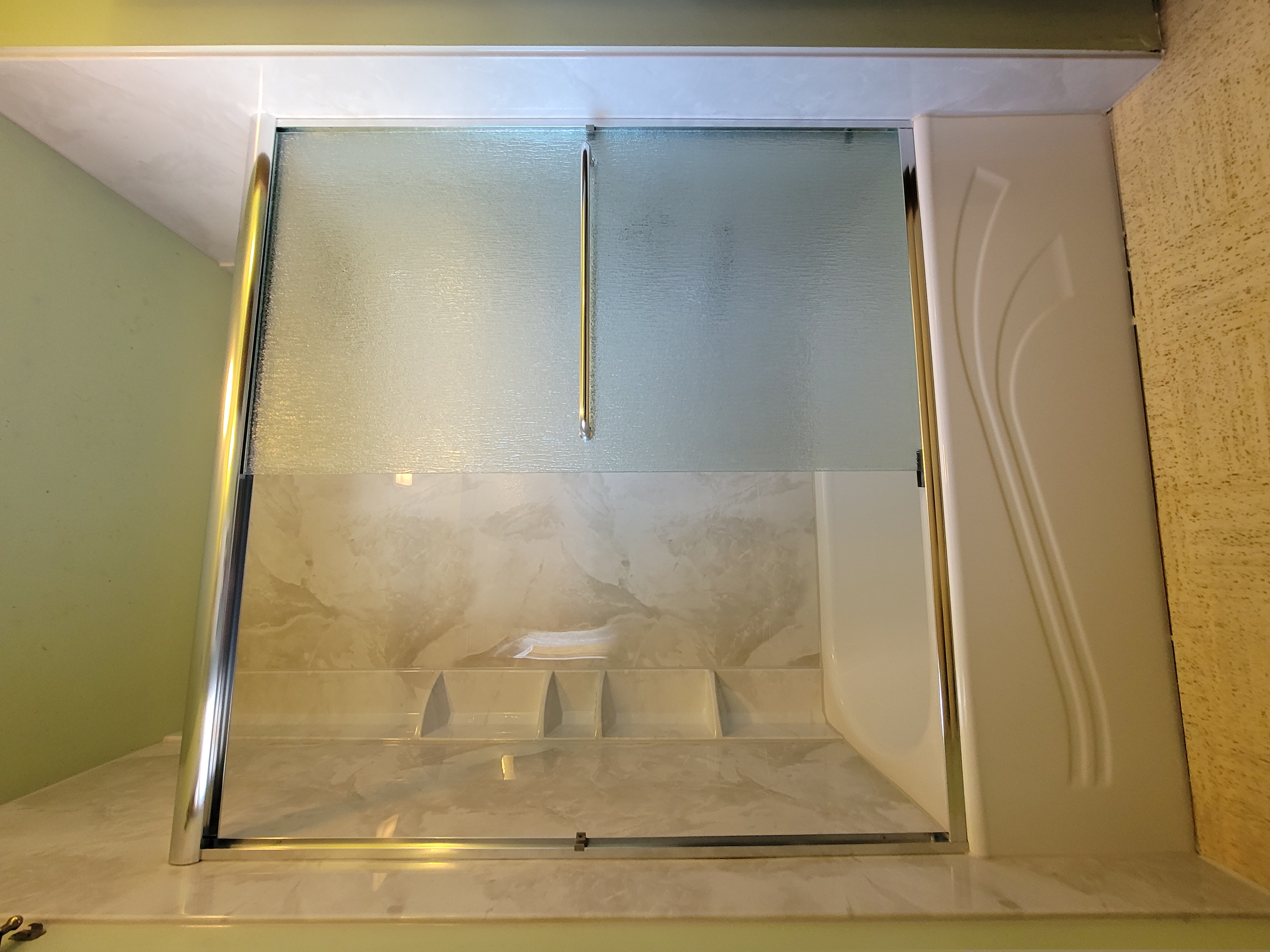  Tub & Silver White Walls After Shower Doors 